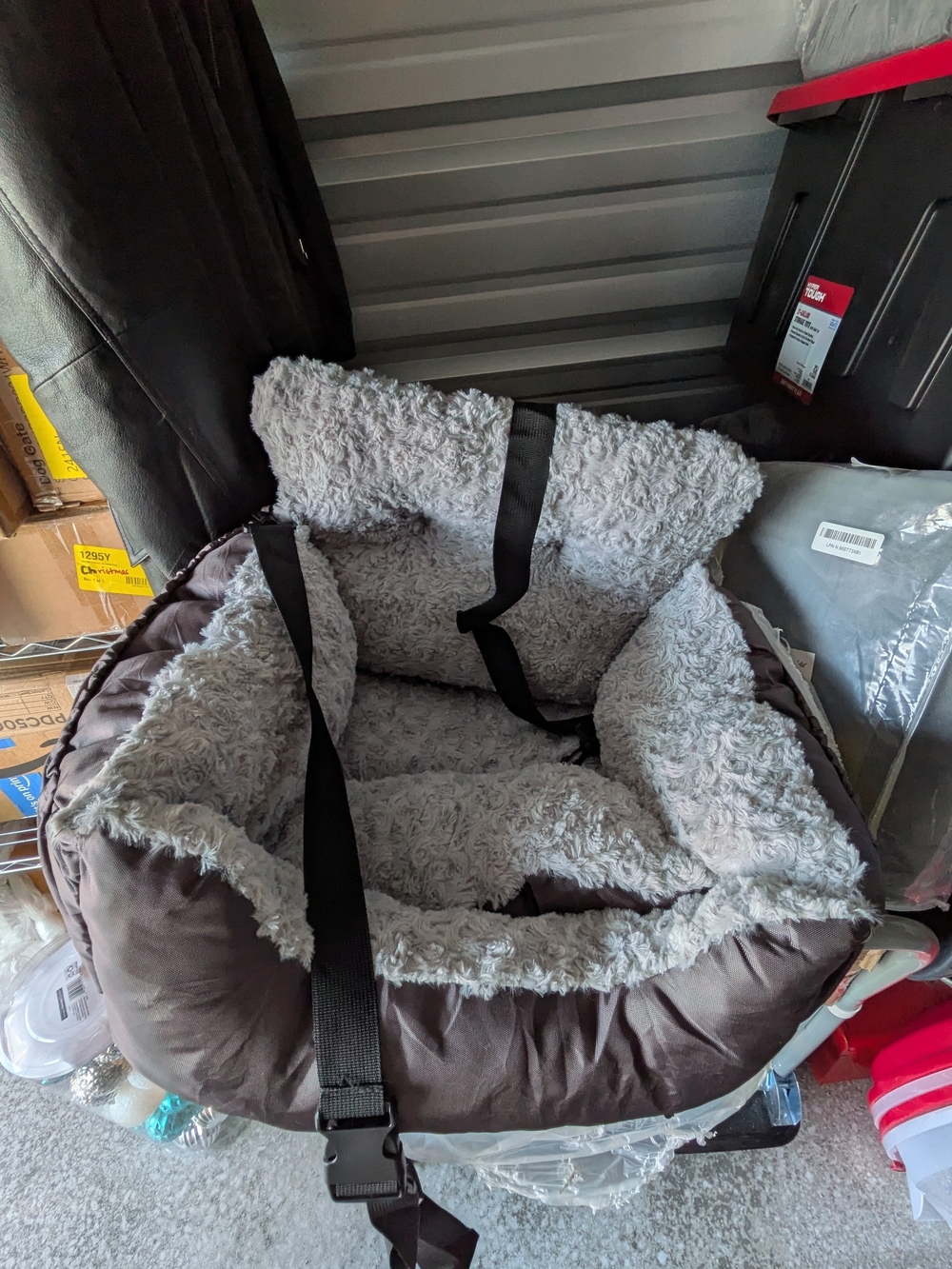 Plush Gray & Brown Pet Car Seat with Safety Straps